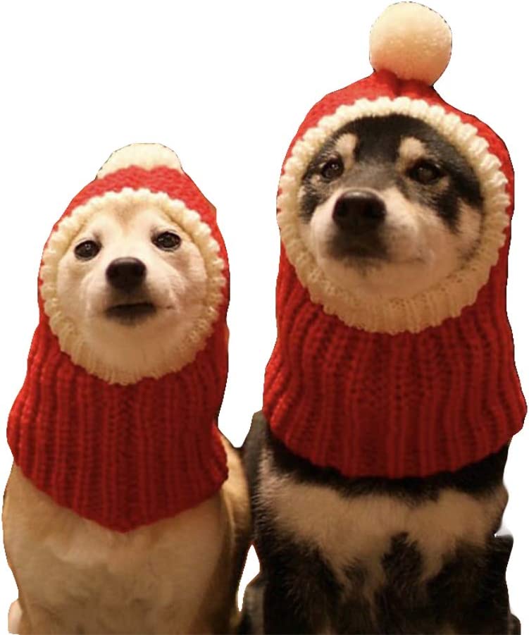 Exponential Pet Supplies - Christmas Dog Hat Crocheted Snood Funny Pet Cap with Pompon Red Green Warm Winter Dog Hat