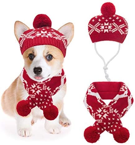 Exponential Pet Supplies - Christmas Dog Costumes Hat Scarf Set Knit Snowflake Print