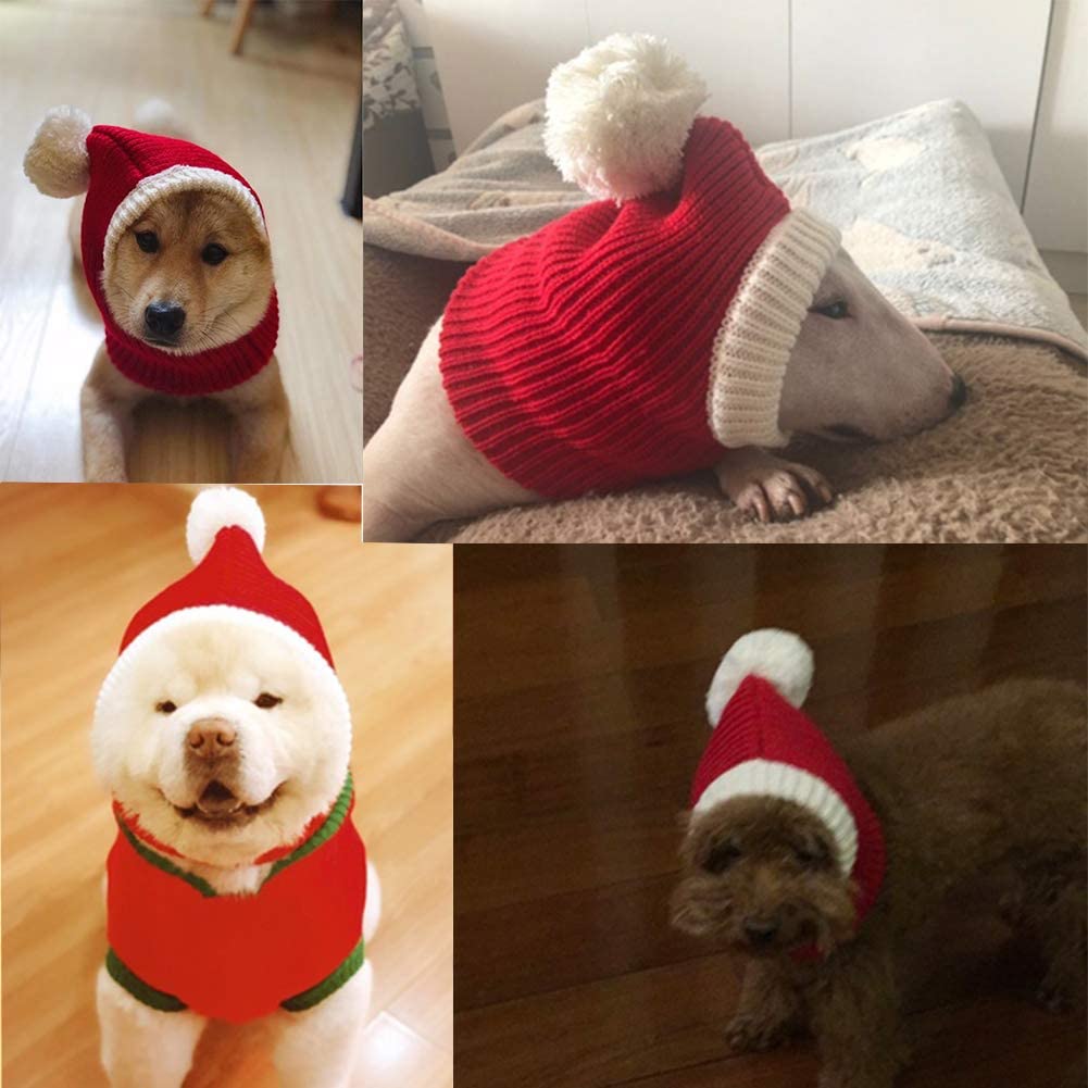 Exponential Pet Supplies - Christmas Dog Hat Crocheted Snood Funny Pet Cap with Pompon Red Green Warm Winter Dog Hat
