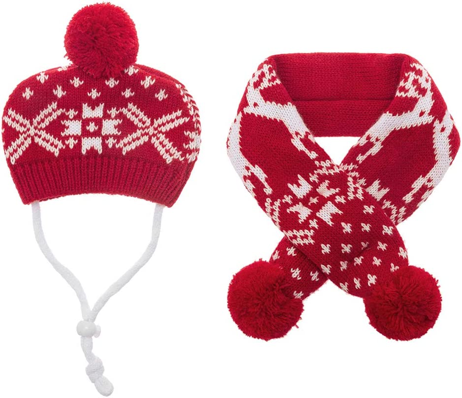 Exponential Pet Supplies - Christmas Dog Costumes Hat Scarf Set Knit Snowflake Print