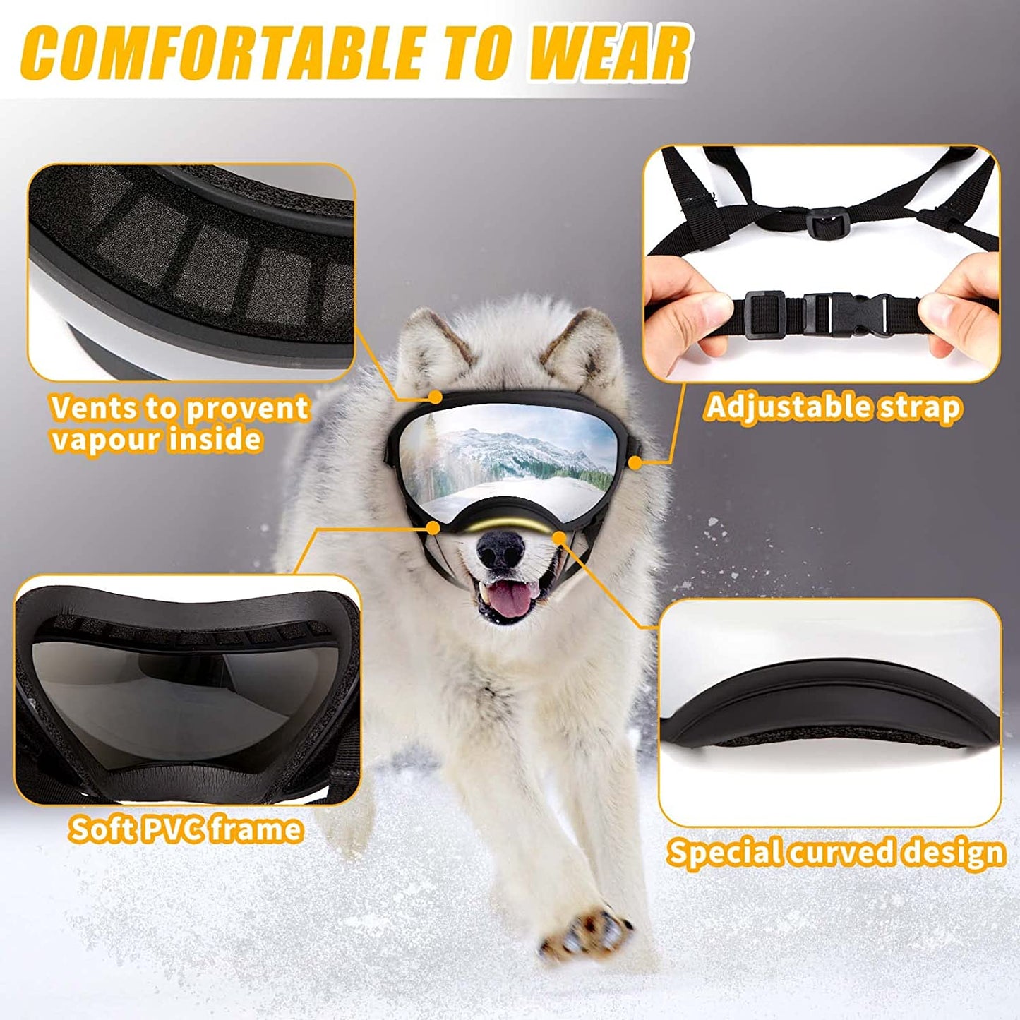 Exponential Pet Supplies - Safety Sunglasses for Dogs with Adjustable Straps and Clear Curved Lenses for All-round Vision