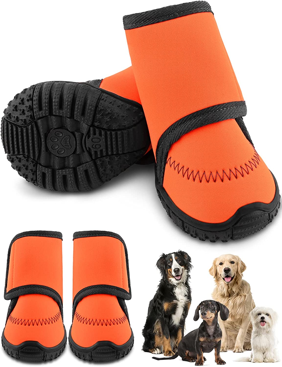 Exponential Pet Supplies - Waterproof Dog Shoes Fluorescent Orange Dog Boots Adjustable Straps and Rugged Anti-Slip Sole Paw Protectors