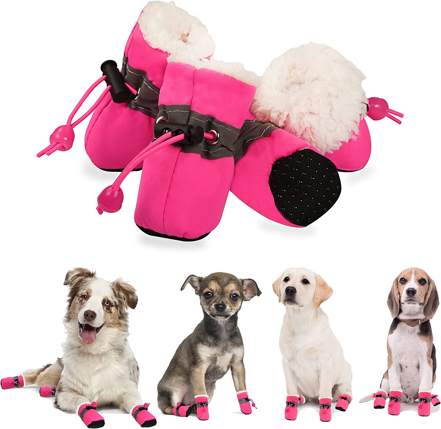 Exponential Pet Supplies - Dog Boots & Paw Protectors, Fleece Warm Snow Booties for Puppy with Reflective Strip Anti-Slip Rubber Sole