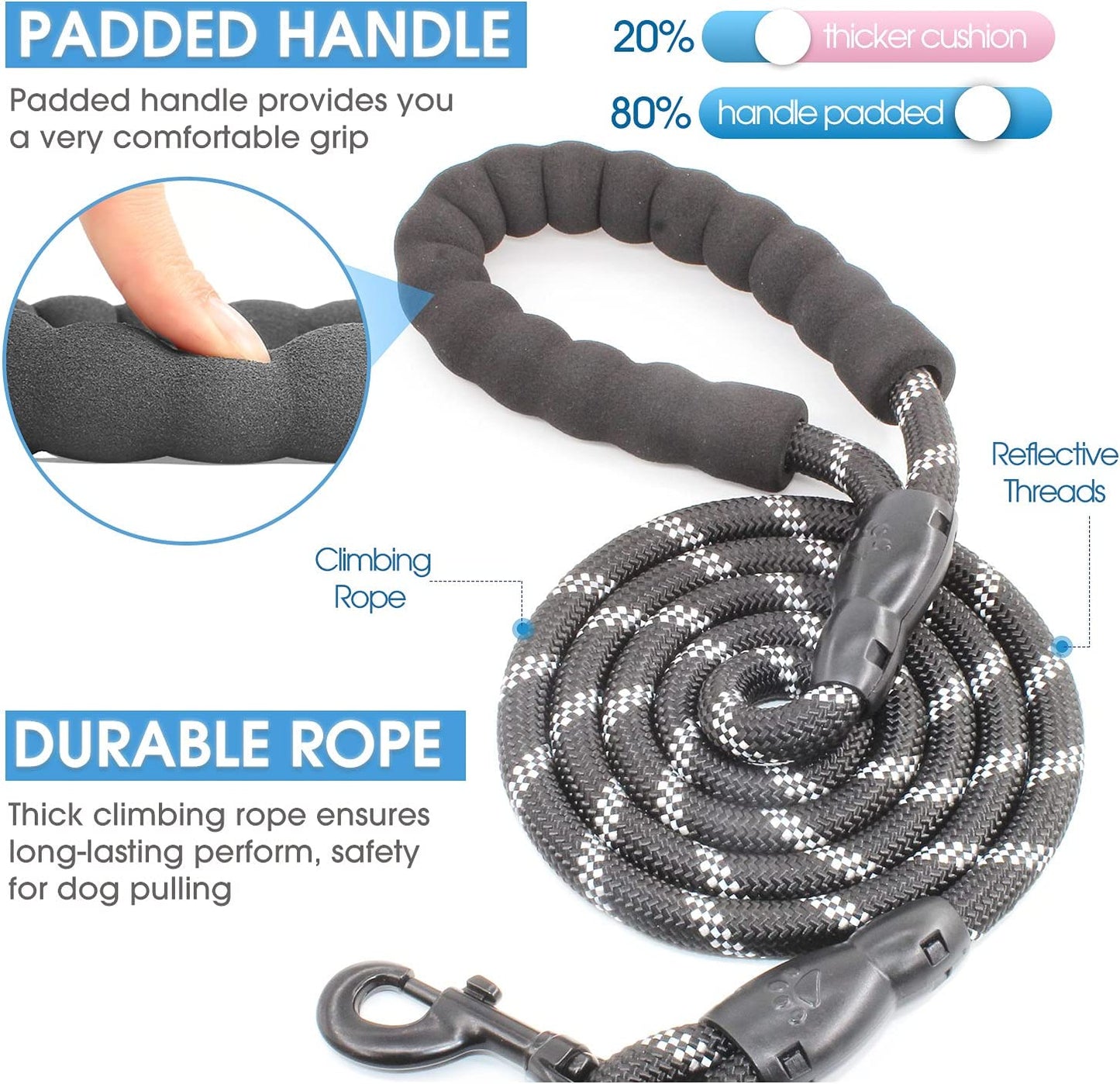 Exponential Pet Supplies - High Quality Dog Leash with Comfortable Padded Handle and Highly Reflective Threads
