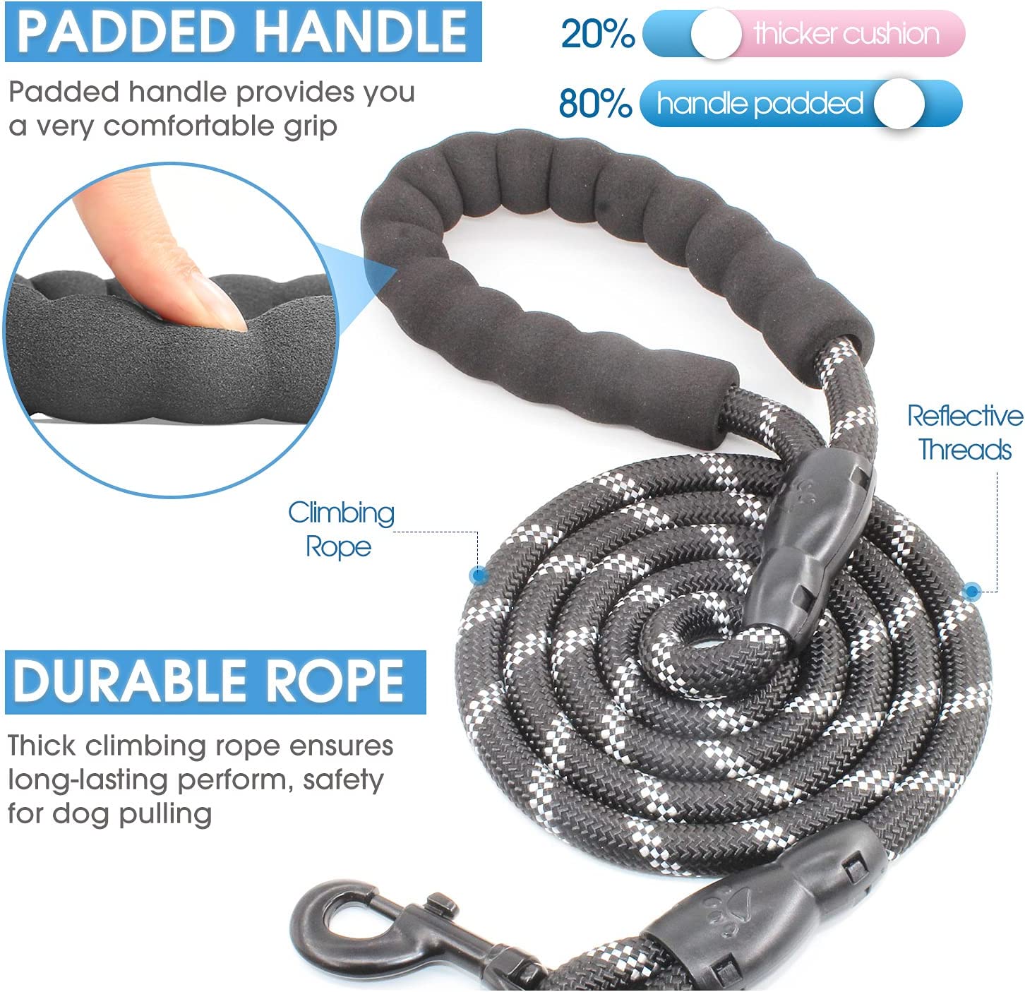 Exponential Pet Supplies - High Quality Dog Leash with Comfortable Padded Handle and Highly Reflective Threads