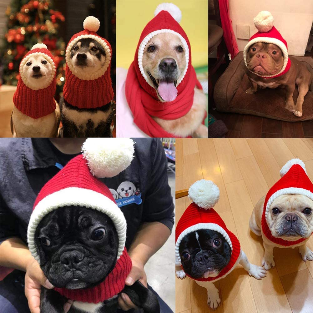 Exponential Pet Supplies - Christmas Dog Hat Crocheted Snood Funny Pet Cap with Pompon Red Green Warm Winter Dog Hat