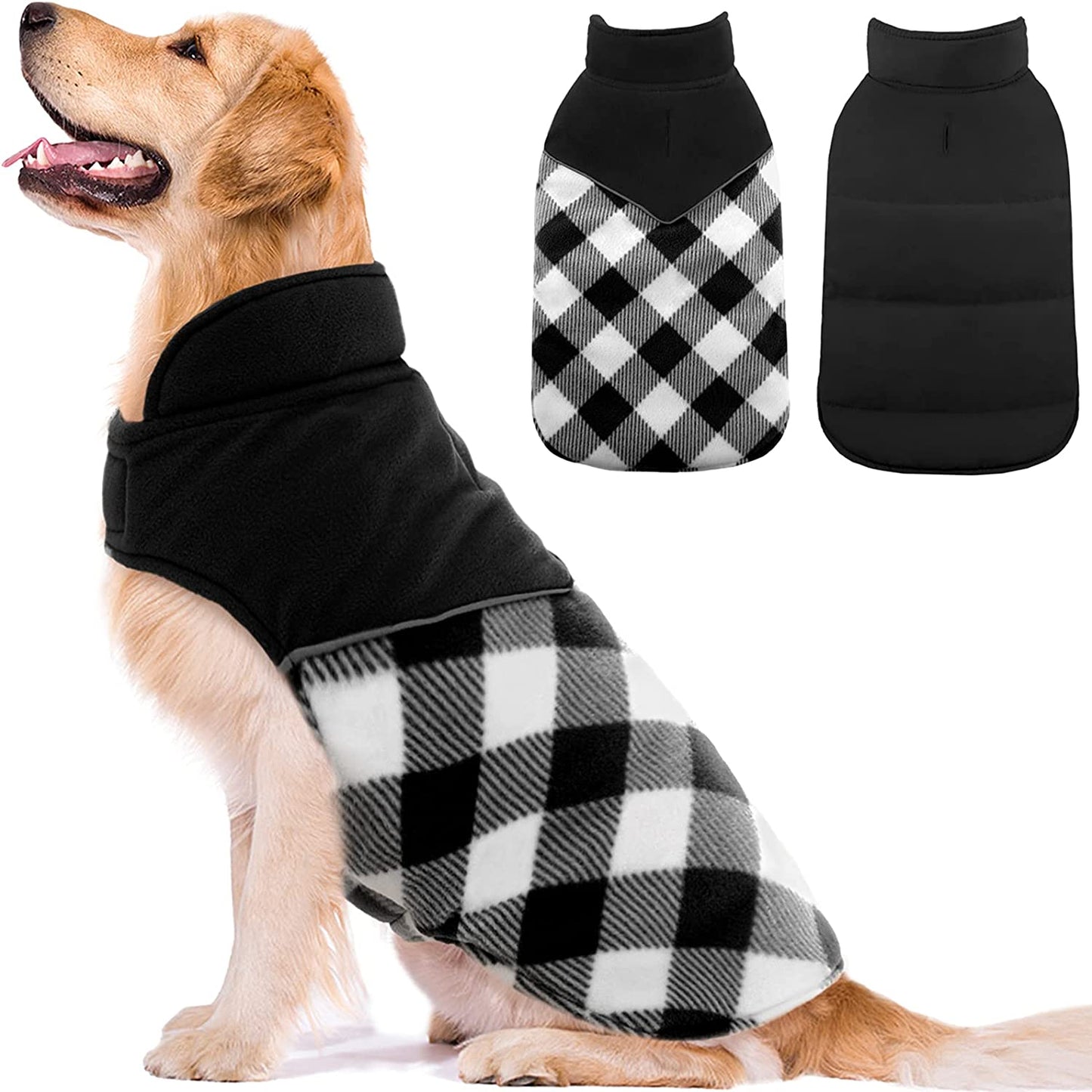 Exponential Pet Supplies - Reflective Cold Weather Dog Jacket, Reversible British Style Plaid Dog Coat Warm Cotton Thickened Vest Windproof Outdoor Apparel