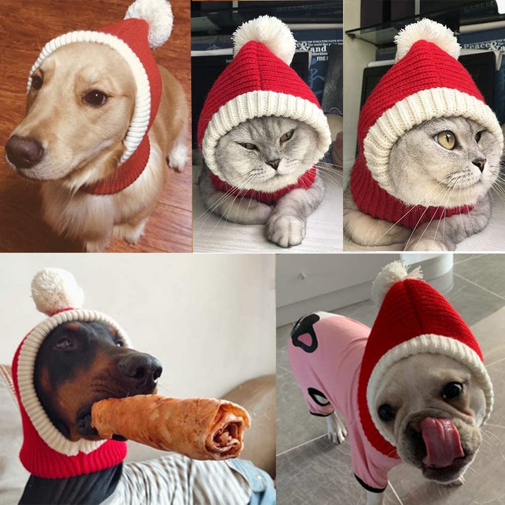 Exponential Pet Supplies - Christmas Dog Hat Crocheted Snood Funny Pet Cap with Pompon Red Green Warm Winter Dog Hat