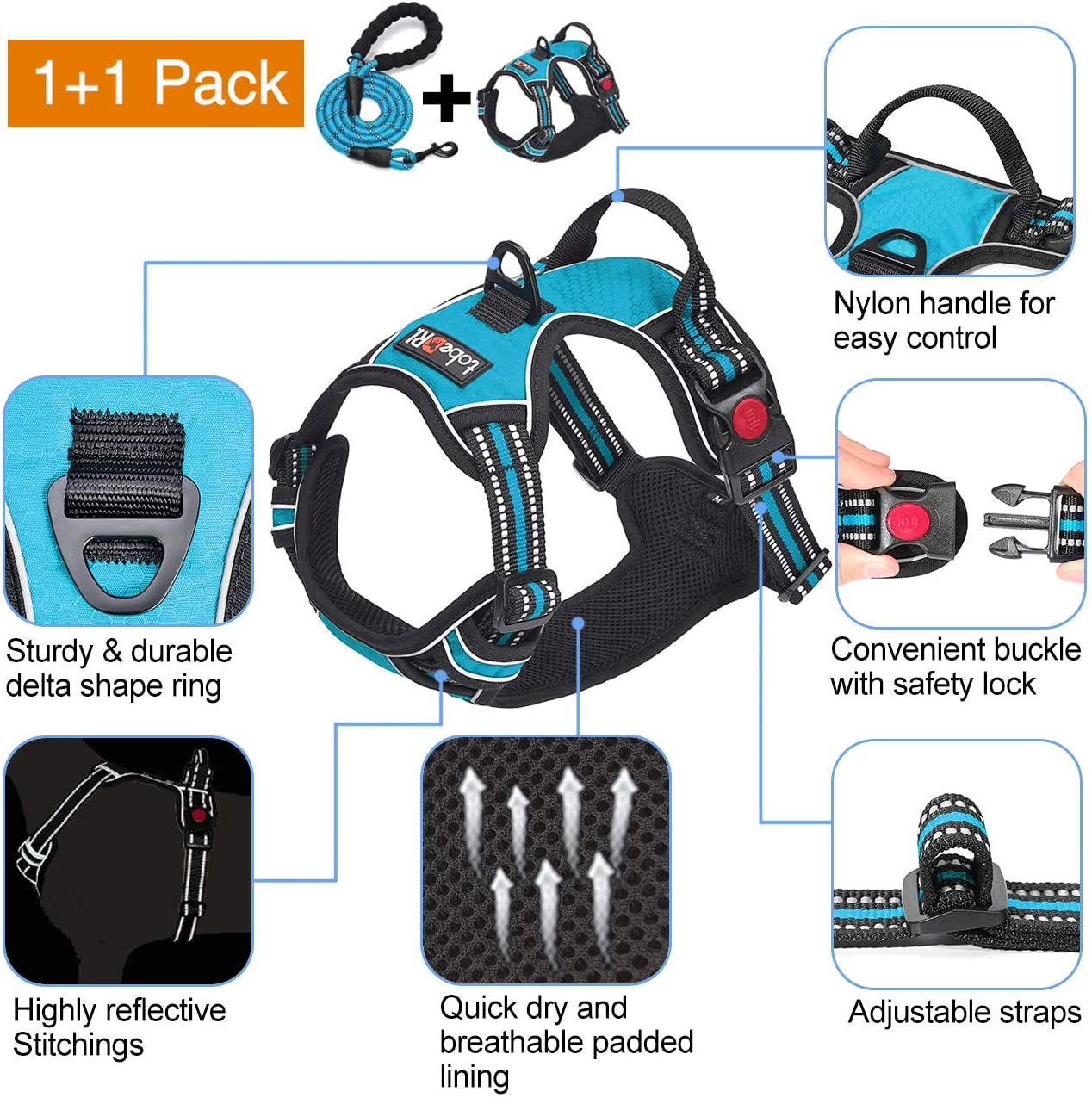 Exponential Pet Supplies - Free Heavy Duty 5ft Dog Leash No Pull Dog Harness Adjustable Reflective Oxford Easy Control Medium Large Dog Harness with A