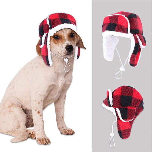 Exponential Pet Supplies - Christmas Dog Hat with Earmuffs Winter Adjustable Pet Red Plaid Pet Cap