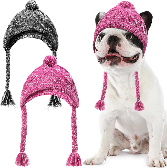 Exponential Pet Supplies - 2 Pieces Warm Pom Hat Party Knit Dog Beanie Puppy Dog Cap with Ear Holes Pet Knitted Snood Headwear for Christmas