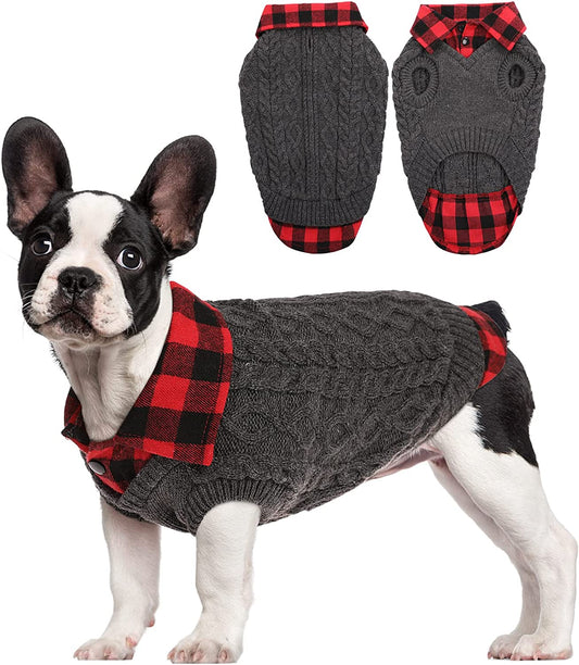 Exponential Pet Supplies - Plaid Patchwork Dog Knitwear Vest for Fall Winter, Pullover Cozy Dog Clothes Pet Cold Weather Coat Warm Apparel