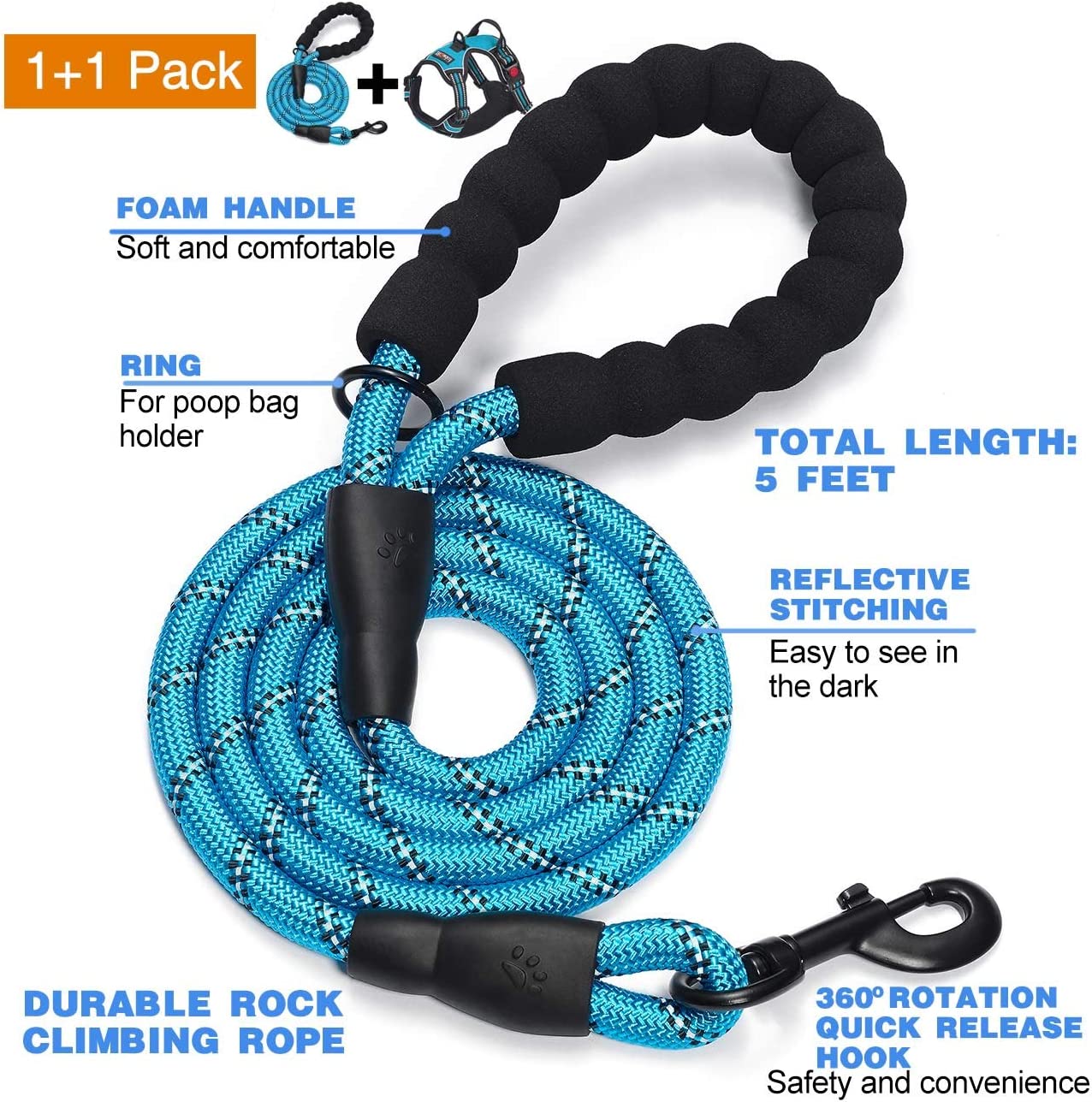 Exponential Pet Supplies - Free Heavy Duty 5ft Dog Leash No Pull Dog Harness Adjustable Reflective Oxford Easy Control Medium Large Dog Harness with A