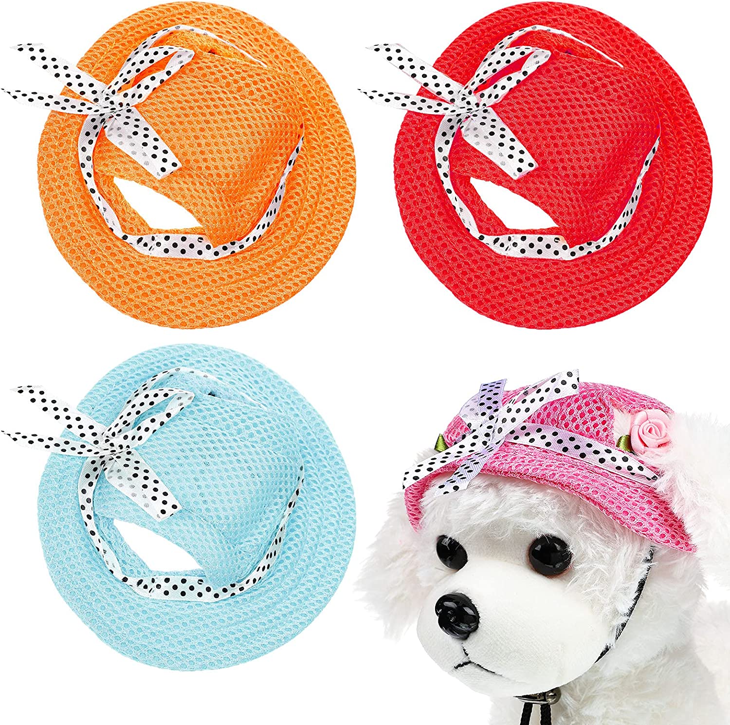 Exponential Pet Supplies - 4 Pieces Dog Princess Hat Round Brim Pet Baseball Hat Dog Mesh Porous Cap with Ear Holes Pet Outdoor Sun Protection